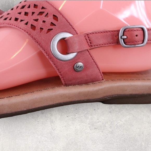 UGG Leather T-Strap Perforated Suede Sandals in Coral Women's Size 8 - Picture 4 of 9